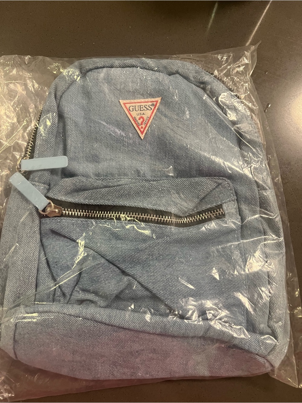 GUESS Light Blue Y2K Denim Mini Backpack with Front Zip Pocket